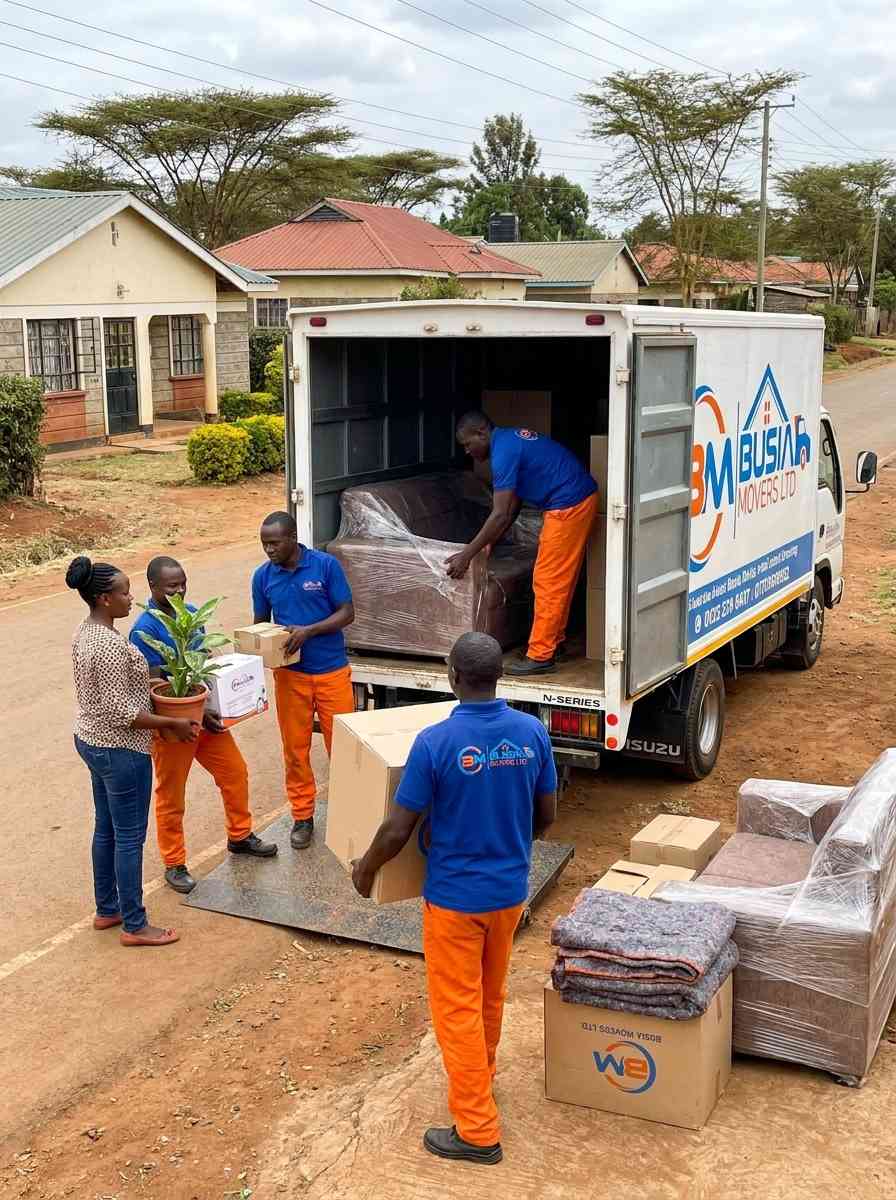 Busia Movers loading a wrapped sofa into truck