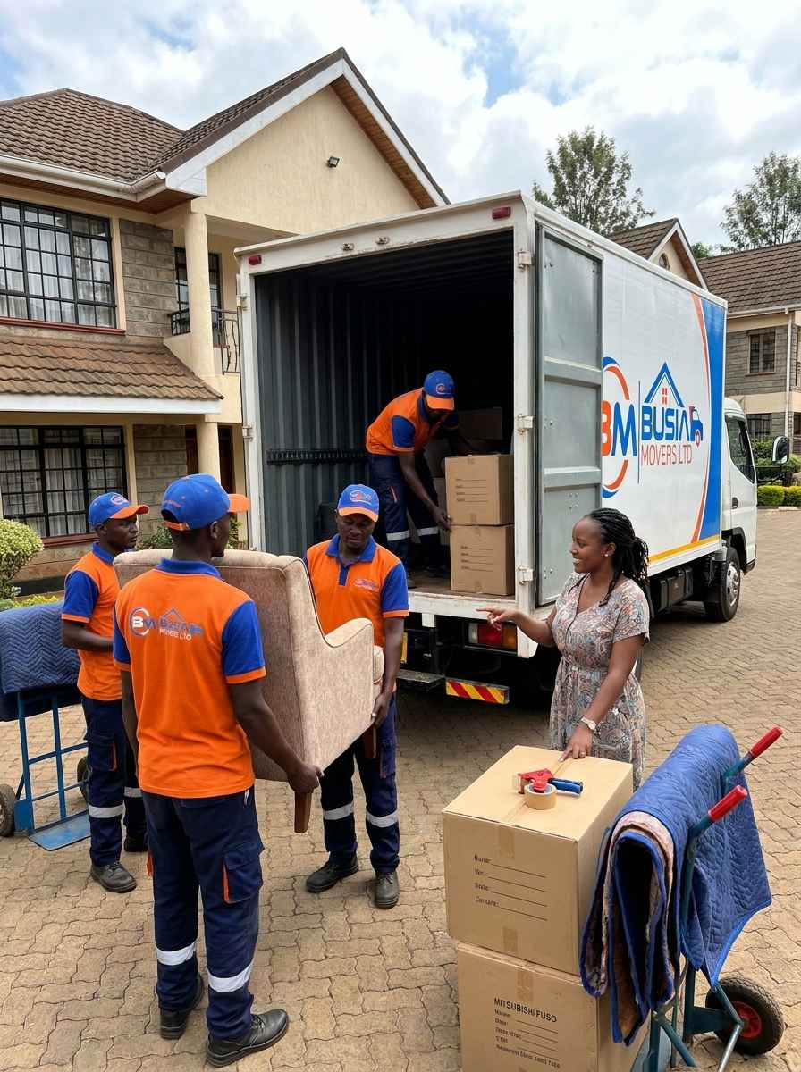 Busia Movers loading armchair while client signs paperwork