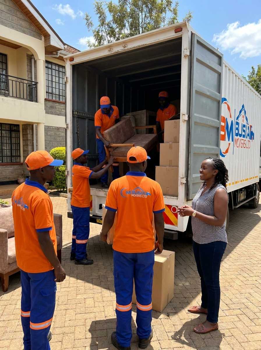 Busia Movers unloading sofa and boxes from truck for client