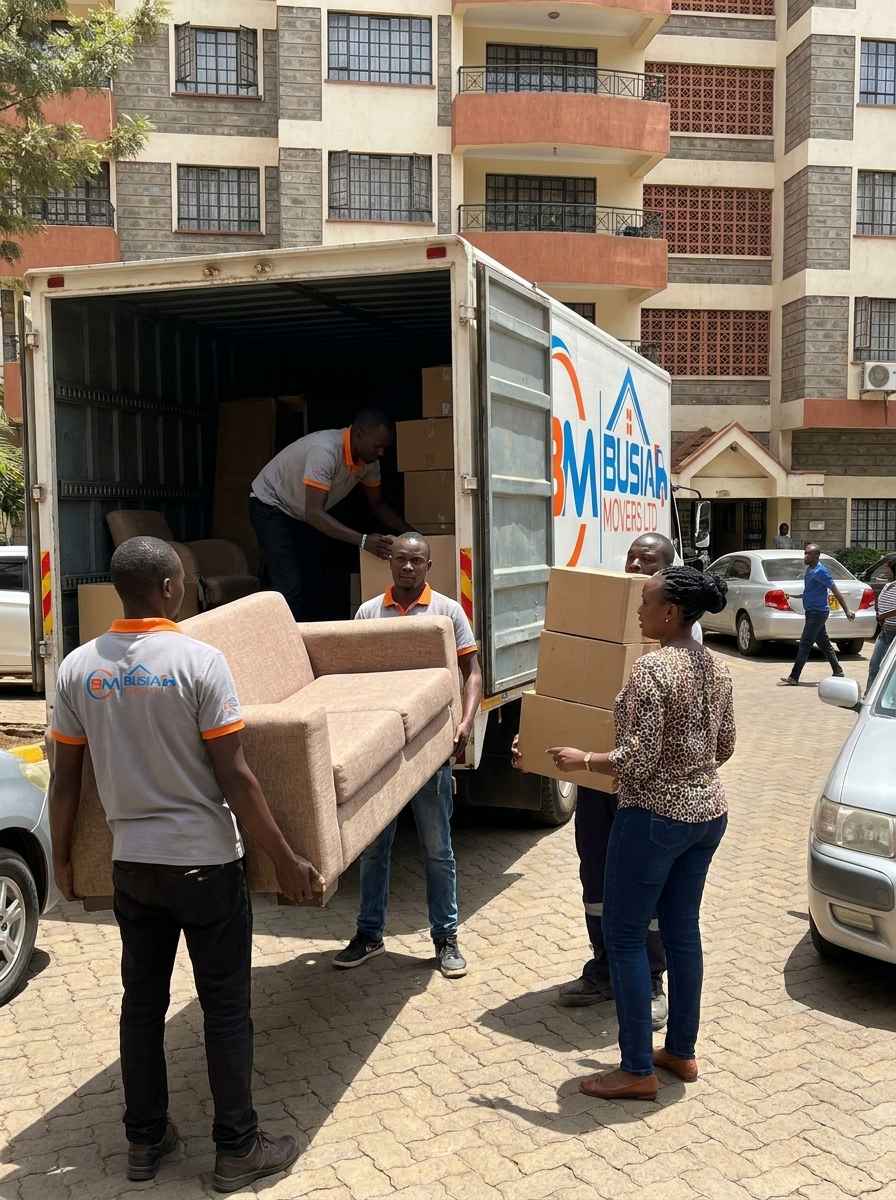 Busia Movers loading sofa at apartment building for client