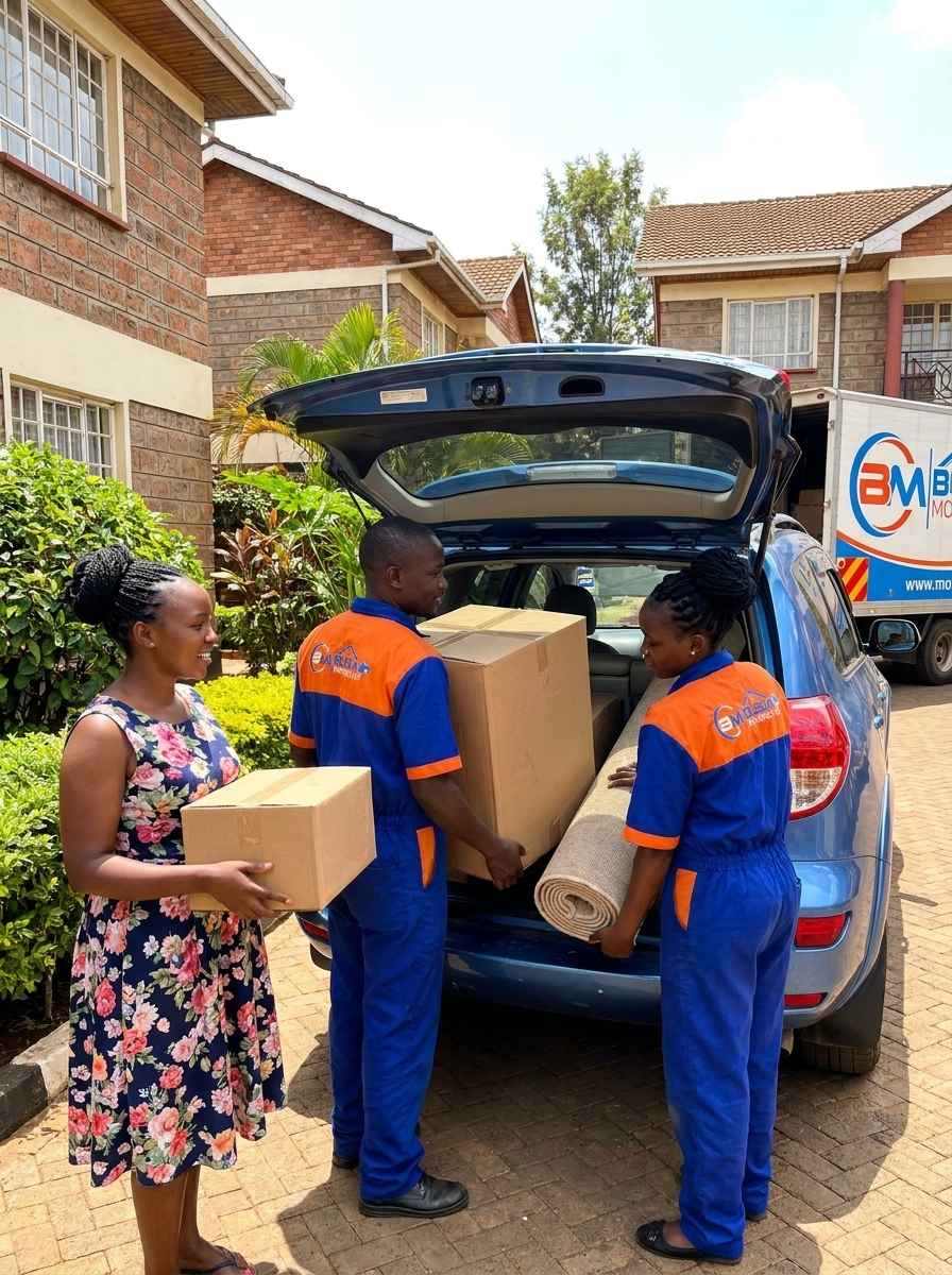 Busia Movers loading car trunk with rug and boxes for client