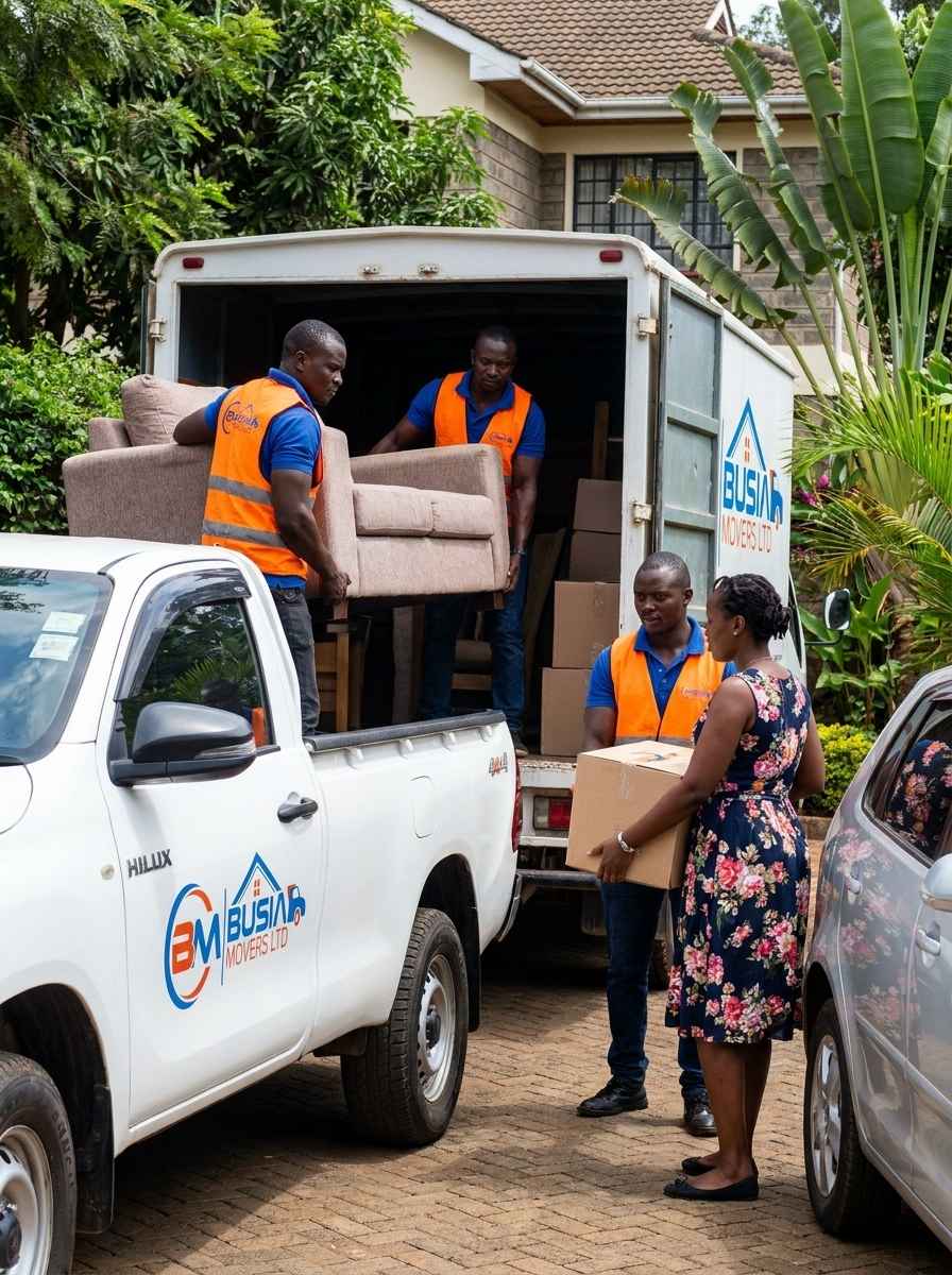 Busia Movers loading sofa into pickup truck for client