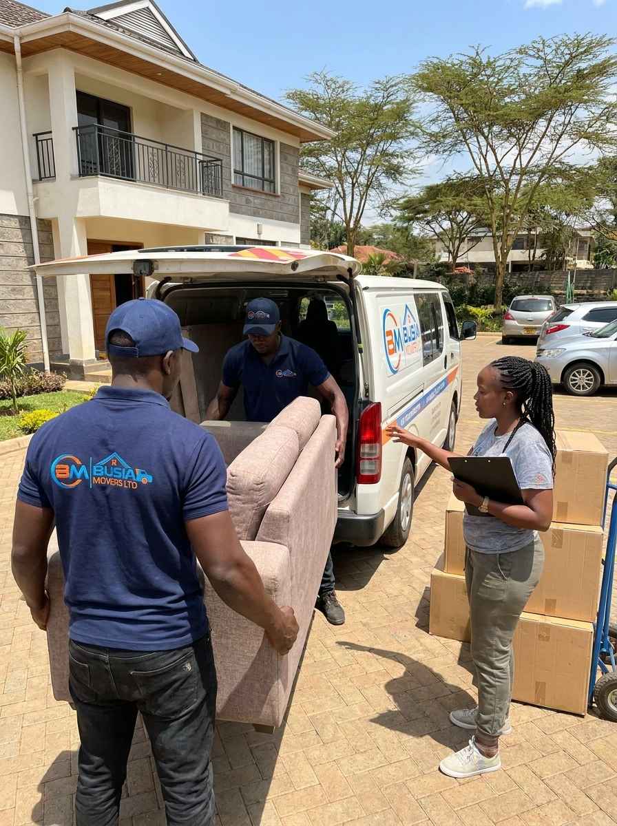 Busia Movers team loading van with sofa for client