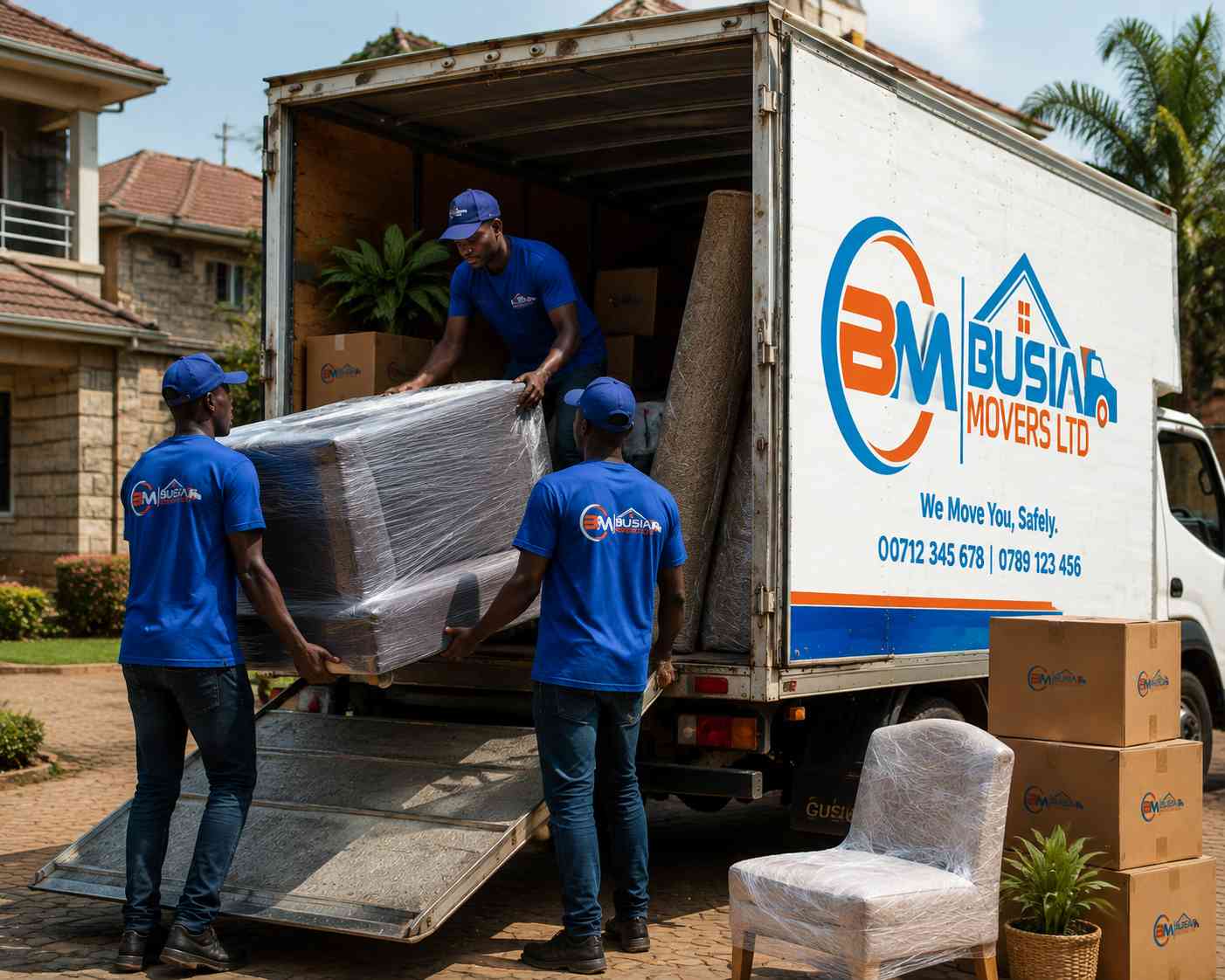 Busia Movers team loading wrapped furniture into branded truck